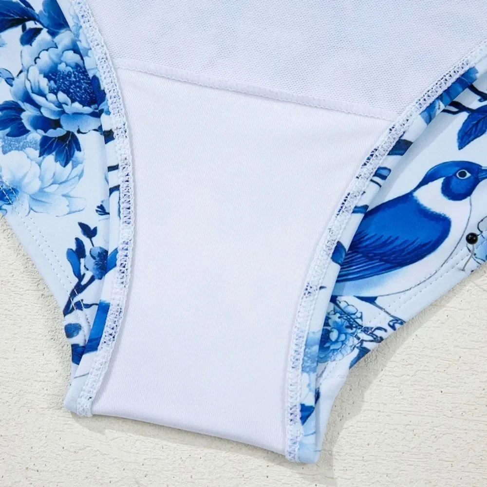 Cutout Ruffled Spaghetti Strap One-Piece Floral Blue Ruffle Strap Swimsuit S M